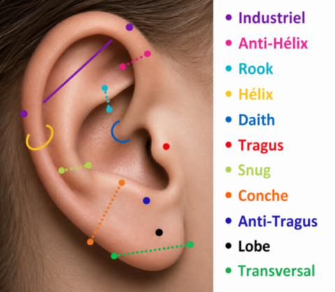 Les 11 piercings de l'oreille Piercings de l'oreille, industriel, hélix, conche, tragus, lobe